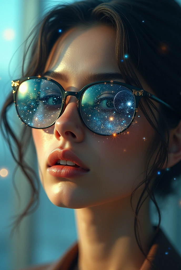 The model is wearing glass sunglasses with stars and the moon on the glass