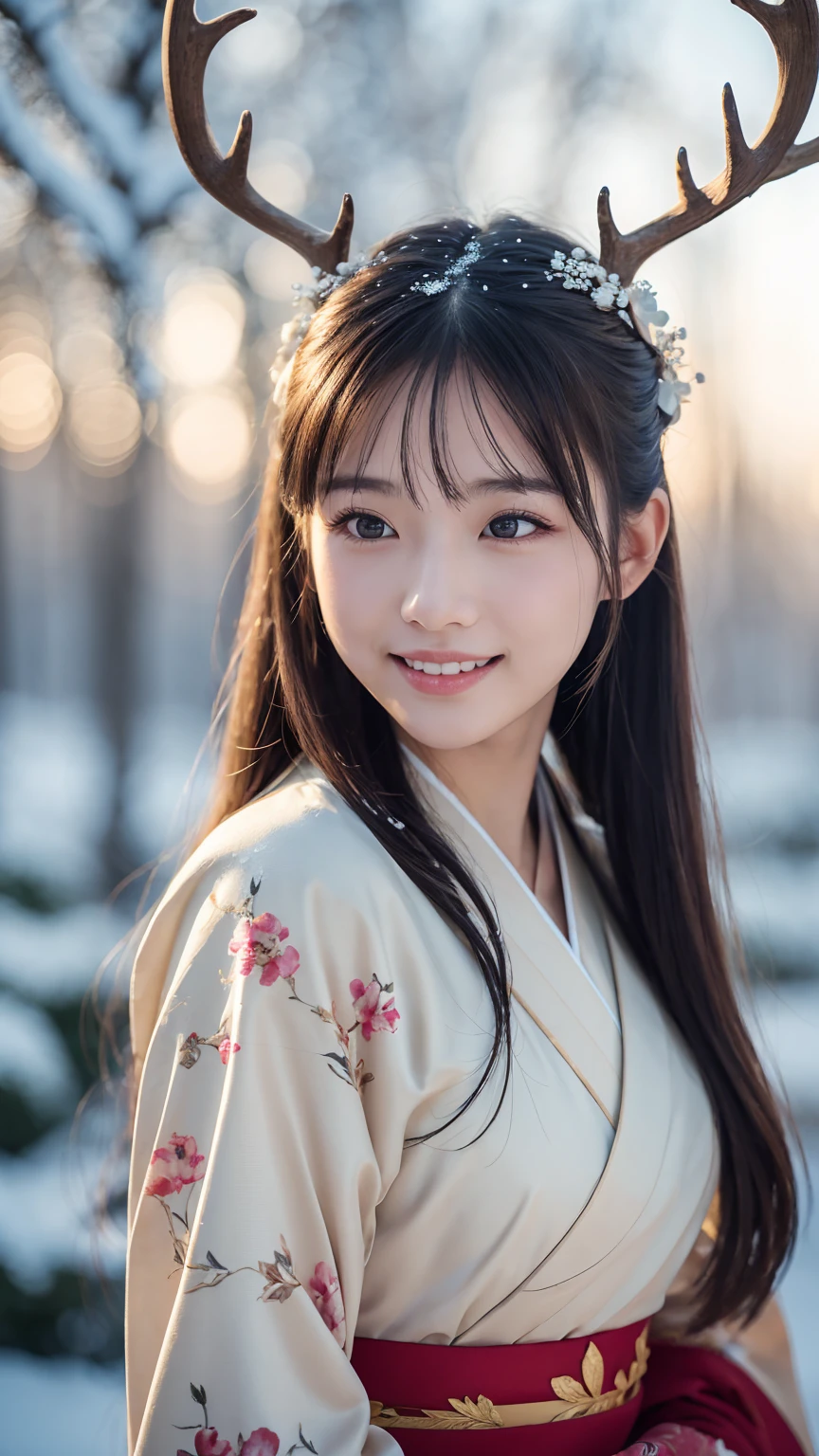 (masterpiece), 1 girl, kimono, (RAW Photos, Highest quality), (Realistic, photo-Realistic:1.4), , Very delicate and beautiful, wonderful, In detail, Very detailed, High resolution, Soft Light, mascara, compensate, Beautiful detailed woman, Long Hair, Very detailed目と顔, Beautifully detailed nose, Beautiful attention to detail, Cinema Lighting, snow, Winter Scenery,  Perfect Anatomy, Slender body, Smile Depth of Field, Film Grain:1, Bokeh:1.2, deer, deer