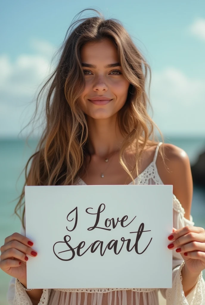 Beautiful girl with wavy long hair, bohemian dress, holding a white board with text "I Love Seaart Infinity" and showing it to the viewer