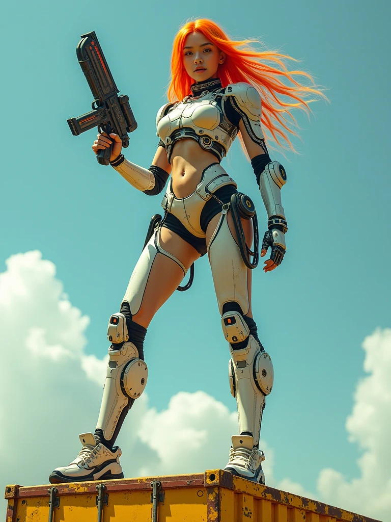 A young woman, around 18 years old, with long hair that starts as a bright celeste at the roots and gradually transitions into a vibrant orange towards the tips. She has a confident yet innocent expression, in a cyberpunk style. The scene is viewed from a very low angle, with the camera positioned on the ground, below the height of the yellow steel container she is standing on, emphasizing her imposing presence. The worn yellow steel container shows signs of age and use, with chipped paint revealing the raw metal underneath. The woman is standing in a pose that forms the shape of an 'A' with her legs apart and her body slightly leaning forward, emphasizing her stance and power. She is wearing a sexy two-piece armor detailed with cyberpunk elements: there are miniature compasses, digital indicators, and small tubes integrated into the armor, all glowing with a futuristic light. The armor is sleek but visually complex, saturated with high-tech details that give it a very advanced and cybernetic look. The environment is a futuristic setting, and part of the sky is visible in the shot, adding depth and a sense of openness to the scene. In her right hand, she holds a cyberpunk-style weapon, a sleek and futuristic firearm with glowing accents. She is smiling innocently as she looks ahead, with subtle glowing data streams surrounding her, indicating her extraordinary abilities in this high-tech world.",
"size": "1024x1024