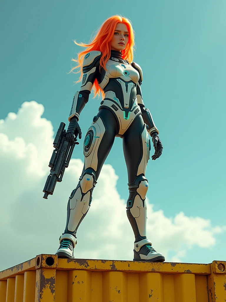 A young woman, around 18 years old, with long hair that starts as a bright celeste at the roots and gradually transitions into a vibrant orange towards the tips. She has a confident yet innocent expression, in a cyberpunk style. The scene is viewed from a very low angle, with the camera positioned on the ground, below the height of the yellow steel container she is standing on, emphasizing her imposing presence. The worn yellow steel container shows signs of age and use, with chipped paint revealing the raw metal underneath. The woman is standing in a pose that forms the shape of an 'A' with her legs apart and her body slightly leaning forward, emphasizing her stance and power. She is wearing a sexy two-piece armor detailed with cyberpunk elements: there are miniature compasses, digital indicators, and small tubes integrated into the armor, all glowing with a futuristic light. The armor is sleek but visually complex, saturated with high-tech details that give it a very advanced and cybernetic look. The environment is a futuristic setting, and part of the sky is visible in the shot, adding depth and a sense of openness to the scene. In her right hand, she holds a cyberpunk-style weapon, a sleek and futuristic firearm with glowing accents. She is smiling innocently as she looks ahead, with subtle glowing data streams surrounding her, indicating her extraordinary abilities in this high-tech world.",
"size": "1024x1024
