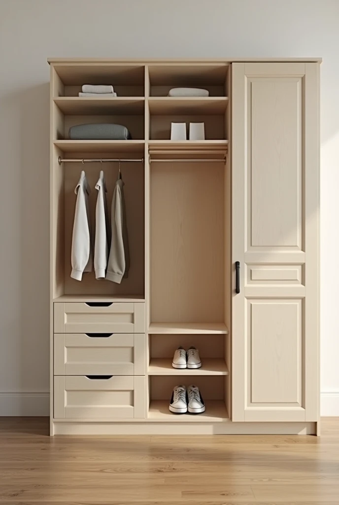 Make cupboard for me with two sides (left,right) right side have 5 racks, while left side have space to hang cloth,one drawer and one rack (at bottom)