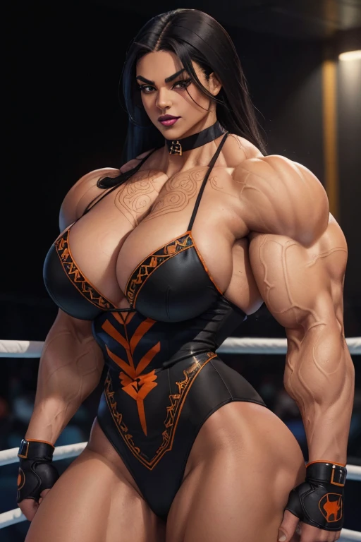 ((Close-up)), tall, (black hair) beautiful muscular woman, long straight hair, light brown skinned, closed smile, large breast, (black lipstick), (massive muscles), (hyper muscle), ((ginormous bulky muscles)), orange eyes, ((black pro wrestler suit embroidered with intricate designs)), (flexing biceps), choker, boots, in a wrestling ring at night, 
