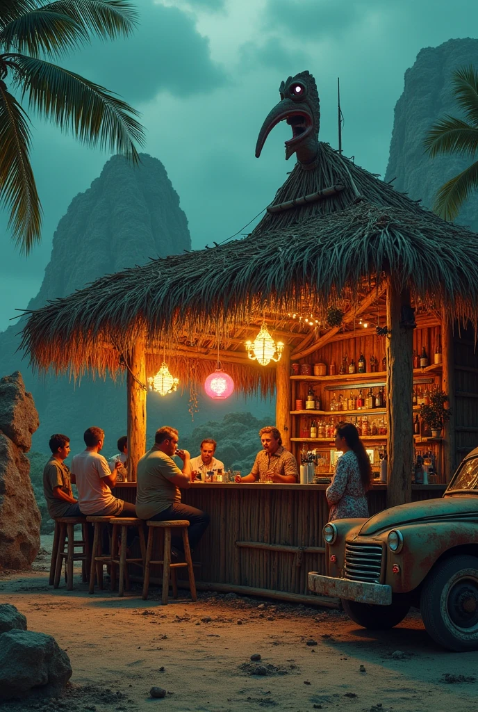 [Core Concept] An apocalyptic tiki bar at the literal and figurative end of the earth.

[Character Description] The bar is staffed by a ragtag group of survivors, their faces weathered and eyes hardened by the ravages of the end times. They move with a weary resilience, mixing elaborate tropical cocktails for the last remnants of humanity seeking refuge.

[Environment/Background] The bar is situated on a desolate, rocky outcrop, the last outpost before the abyss of the unknown. Crumbling ruins and abandoned machinery litter the landscape, a testament to the collapse of civilization. The sky is a turbulent mix of ominous clouds and eerie, otherworldly lights.

[Style and Atmosphere] The tiki bar itself is a stark contrast, its bamboo and thatch construction a defiant celebration of life amidst the surrounding decay. Neon signs and twinkling lights cast an ethereal glow, lending an air of surreal, bittersweet nostalgia.

[Composition] Patrons huddle around the bar, their faces cast in shadows as they nurse their drinks, their conversations hushed and tinged with a hint of resignation. In the corner, a lone musician plays a melancholic tune on a battered ukulele.

[Details and Embellishments] Weathered tiki masks and totems adorn the walls, their once-vibrant colors faded and chipped. Scattered throughout the bar are remnants of a bygone era - a rusted-out vintage car, a crumbling jukebox, a tattered Hawaiian shirt hanging on a hook.

[Technical Specifications] This scene would be rendered in a gritty, dystopian style, with a focus on dramatic lighting and a sense of impending doom. The color palette would be muted, with splashes of neon and warm, tropical hues creating a jarring contrast against the bleak surroundings.