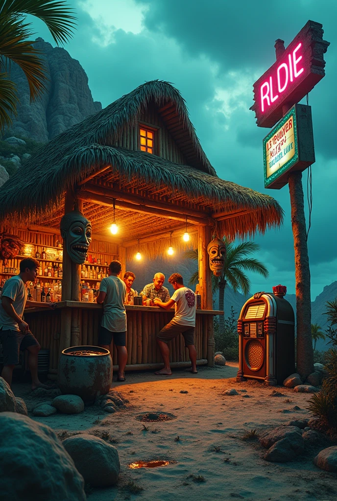 [Core Concept] An apocalyptic tiki bar at the literal and figurative end of the earth.

[Character Description] The bar is staffed by a ragtag group of survivors, their faces weathered and eyes hardened by the ravages of the end times. They move with a weary resilience, mixing elaborate tropical cocktails for the last remnants of humanity seeking refuge.

[Environment/Background] The bar is situated on a desolate, rocky outcrop, the last outpost before the abyss of the unknown. Crumbling ruins and abandoned machinery litter the landscape, a testament to the collapse of civilization. The sky is a turbulent mix of ominous clouds and eerie, otherworldly lights.

[Style and Atmosphere] The tiki bar itself is a stark contrast, its bamboo and thatch construction a defiant celebration of life amidst the surrounding decay. Neon signs and twinkling lights cast an ethereal glow, lending an air of surreal, bittersweet nostalgia.

[Composition] Patrons huddle around the bar, their faces cast in shadows as they nurse their drinks, their conversations hushed and tinged with a hint of resignation. In the corner, a lone musician plays a melancholic tune on a battered ukulele.

[Details and Embellishments] Weathered tiki masks and totems adorn the walls, their once-vibrant colors faded and chipped. Scattered throughout the bar are remnants of a bygone era - a rusted-out vintage car, a crumbling jukebox, a tattered Hawaiian shirt hanging on a hook.

[Technical Specifications] This scene would be rendered in a gritty, dystopian style, with a focus on dramatic lighting and a sense of impending doom. The color palette would be muted, with splashes of neon and warm, tropical hues creating a jarring contrast against the bleak surroundings.