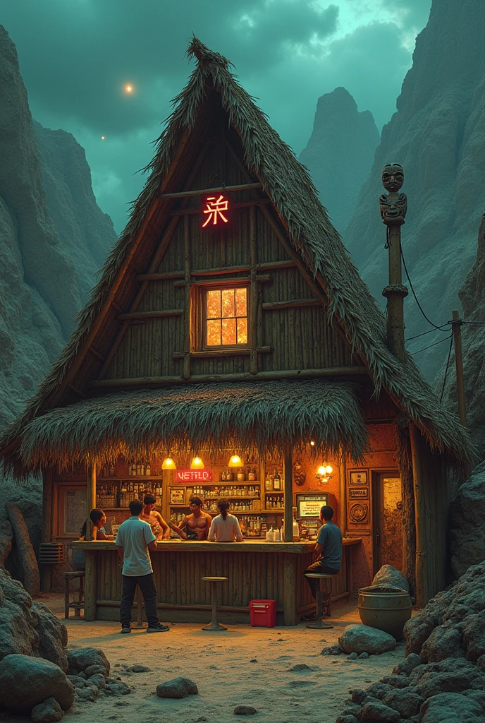 [Core Concept] An apocalyptic tiki bar at the literal and figurative end of the earth.

[Character Description] The bar is staffed by a ragtag group of survivors, their faces weathered and eyes hardened by the ravages of the end times. They move with a weary resilience, mixing elaborate tropical cocktails for the last remnants of humanity seeking refuge.

[Environment/Background] The bar is situated on a desolate, rocky outcrop, the last outpost before the abyss of the unknown. Crumbling ruins and abandoned machinery litter the landscape, a testament to the collapse of civilization. The sky is a turbulent mix of ominous clouds and eerie, otherworldly lights.

[Style and Atmosphere] The tiki bar itself is a stark contrast, its bamboo and thatch construction a defiant celebration of life amidst the surrounding decay. Neon signs and twinkling lights cast an ethereal glow, lending an air of surreal, bittersweet nostalgia.

[Composition] Patrons huddle around the bar, their faces cast in shadows as they nurse their drinks, their conversations hushed and tinged with a hint of resignation. In the corner, a lone musician plays a melancholic tune on a battered ukulele.

[Details and Embellishments] Weathered tiki masks and totems adorn the walls, their once-vibrant colors faded and chipped. Scattered throughout the bar are remnants of a bygone era - a rusted-out vintage car, a crumbling jukebox, a tattered Hawaiian shirt hanging on a hook.

[Technical Specifications] This scene would be rendered in a gritty, dystopian style, with a focus on dramatic lighting and a sense of impending doom. The color palette would be muted, with splashes of neon and warm, tropical hues creating a jarring contrast against the bleak surroundings.