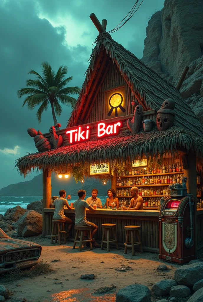 [Core Concept] An apocalyptic tiki bar at the literal and figurative end of the earth.

[Character Description] The bar is staffed by a ragtag group of survivors, their faces weathered and eyes hardened by the ravages of the end times. They move with a weary resilience, mixing elaborate tropical cocktails for the last remnants of humanity seeking refuge.

[Environment/Background] The bar is situated on a desolate, rocky outcrop, the last outpost before the abyss of the unknown. Crumbling ruins and abandoned machinery litter the landscape, a testament to the collapse of civilization. The sky is a turbulent mix of ominous clouds and eerie, otherworldly lights.

[Style and Atmosphere] The tiki bar itself is a stark contrast, its bamboo and thatch construction a defiant celebration of life amidst the surrounding decay. Neon signs and twinkling lights cast an ethereal glow, lending an air of surreal, bittersweet nostalgia.

[Composition] Patrons huddle around the bar, their faces cast in shadows as they nurse their drinks, their conversations hushed and tinged with a hint of resignation. In the corner, a lone musician plays a melancholic tune on a battered ukulele.

[Details and Embellishments] Weathered tiki masks and totems adorn the walls, their once-vibrant colors faded and chipped. Scattered throughout the bar are remnants of a bygone era - a rusted-out vintage car, a crumbling jukebox, a tattered Hawaiian shirt hanging on a hook.

[Technical Specifications] This scene would be rendered in a gritty, dystopian style, with a focus on dramatic lighting and a sense of impending doom. The color palette would be muted, with splashes of neon and warm, tropical hues creating a jarring contrast against the bleak surroundings.