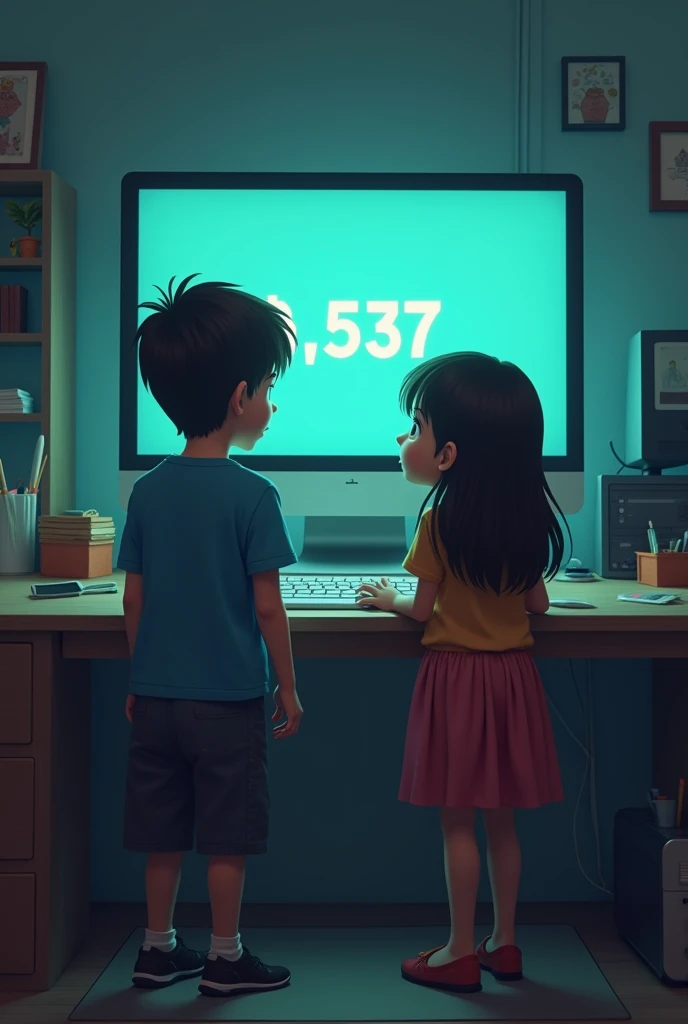 A brother and sister looking at a computer that says "balance 10 million dollars"