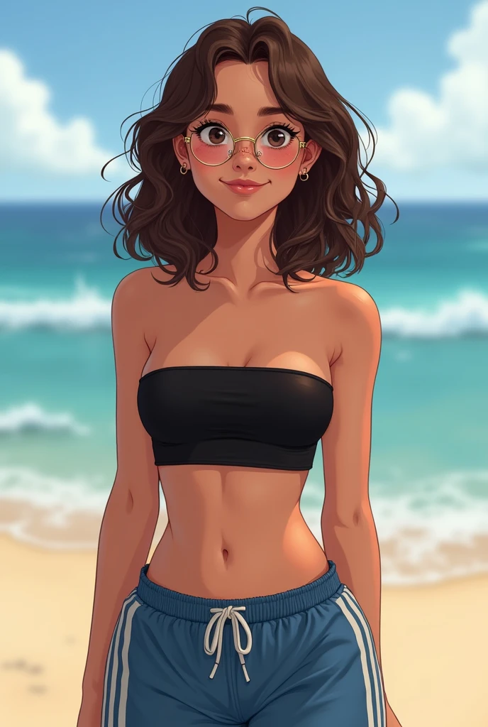 Can u make a realistic 17 year old girl with short brown medium curly hair touching shoulders  medium length face with brown eyes with a closed smile smile.wearing some eye glasses with gold metal and a round shape with a corner in each end . A little bit of acne and some rose lips, a hoop nose piercing and three piercing on each ear. Wearing a black strapless median length tight top and blue pj shorts she has a skinny body but no to skinny  
. Wearing some adidas samba. She’s standing up with a beach behind her 