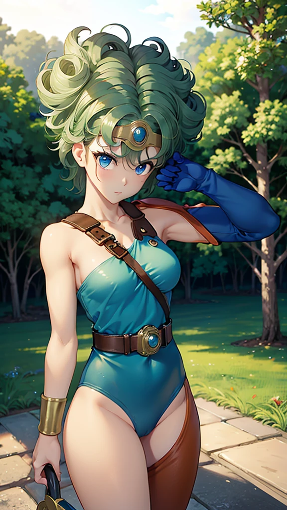 （（（ＳＦＷ、sound、Highest quality、Top notch work、Normal body、、Detailed face、Ultra-precision、Normal hand、のrefer、５refer、Highest）））、beautiful girl、Green Hair、yamato nadeshiko、Small breasts、Shortcuts、Blue leotard、Muscular、Black paleo skirt、Red Cape、Circlet、Dragon Quest、Female Heroes、 Fight、Fight準備完了、Sweep with a sword、Please put your hands together in front of you.、Place your hands behind your back、Please put your hands on your hips、cover your chest with your hands、((Executed perfectly:Frame yourself from head to toe,Standing posture,Draws in great detail、There is no anatomical problem))、forest