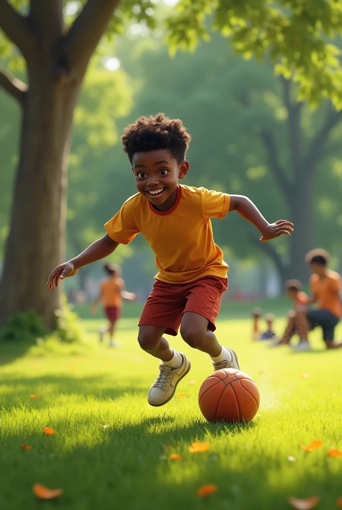 Dark-skinned boy playing ball in the park