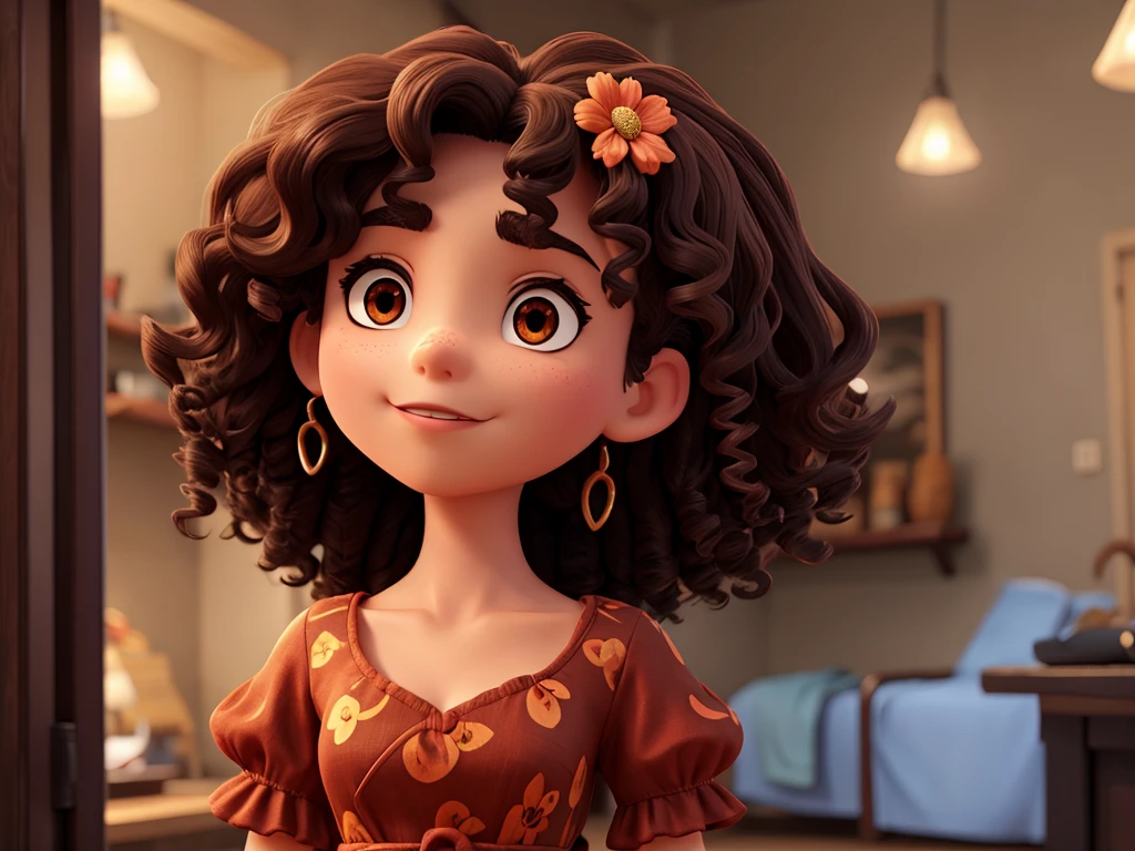 Generate a 3D anime style image of a young dark brunette woman, with large, light brown and expressive eyes, large full and red lips, short black and curly hair, descendant of Portuguese, Africans with features from the Amazon region of Brazil, dressed in a flowery and colorful dress