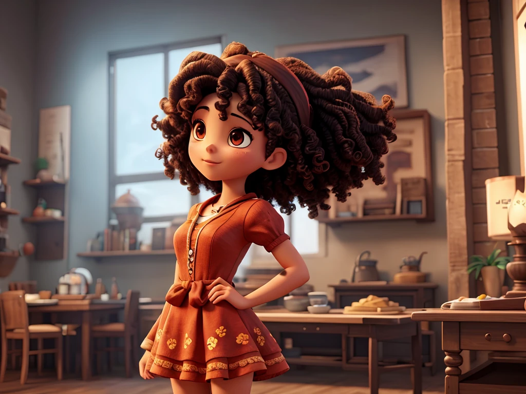 Generate a 3D anime style image of a young dark brunette woman, with large, light brown and expressive eyes, large full and red lips, short black and curly hair, descendant of Portuguese, Africans with features from the Amazon region of Brazil, dressed in a flowery and colorful dress