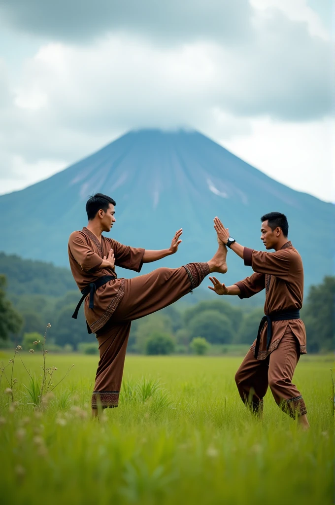 "2 Indonesian men aged 25 wearing pencak silat uniforms are practicing fighting together in a field, his silat movements are very beautiful, a person is kicking while jumping, another one stoops to avoid a kick, background of scenery and mount merapi, efek slow motion, very real, art of photography"