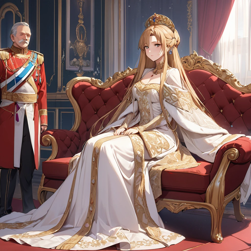 ((Highest quality)), ((masterpiece)), (detailed), (Perfect Face)、The woman is Yuuki Asuna, a Russian with light brown, medium-long hair, an elegant, graceful and beautiful Russian noblewoman, and the Empress of the Great Russian Empire.、The woman is beautifully dressed in the gorgeous and glittering gold-colored Russian court dress of an ancient Russian empress, with gorgeous accessories, and a beautiful and luxurious kokoshnik.、The woman is standing next to a great and dignified old Russian emperor.、The woman sits cozy with the great Russian emperor on a luxurious sofa in the palace.、The woman sits snuggled up to the great old Russian Tsar on a luxurious sofa in the palace.