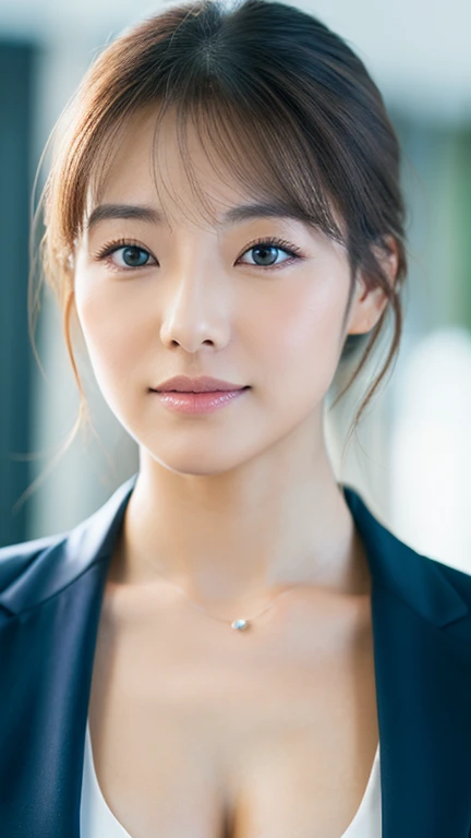 lens: 135mm f1.8, (Highest quality), (Beautiful Japanese office lady in a suit), (Moisturized lips), Narrow eyes, double eyelid, Delicate clavicle, Flat Chest , I'm ashamed of my smallness, Underdeveloped breasts, smile, (Spotted sunlight: 1.2), Professional Lighting, (Petite figure), (Sunburned skin: 0.2), Full body photo, Full Body Focus, (Standing posture)、A proper honor student、Slender body、(A wearing a suit:1.5)、boyish, Putting very short hair into a ponytail、Stylish white bedroom、Ribbon on chest、Sweep all your hair back、Crouching with rope、Round 1,(((Completely naked))), The gesture of taking off a suit、Full body angle