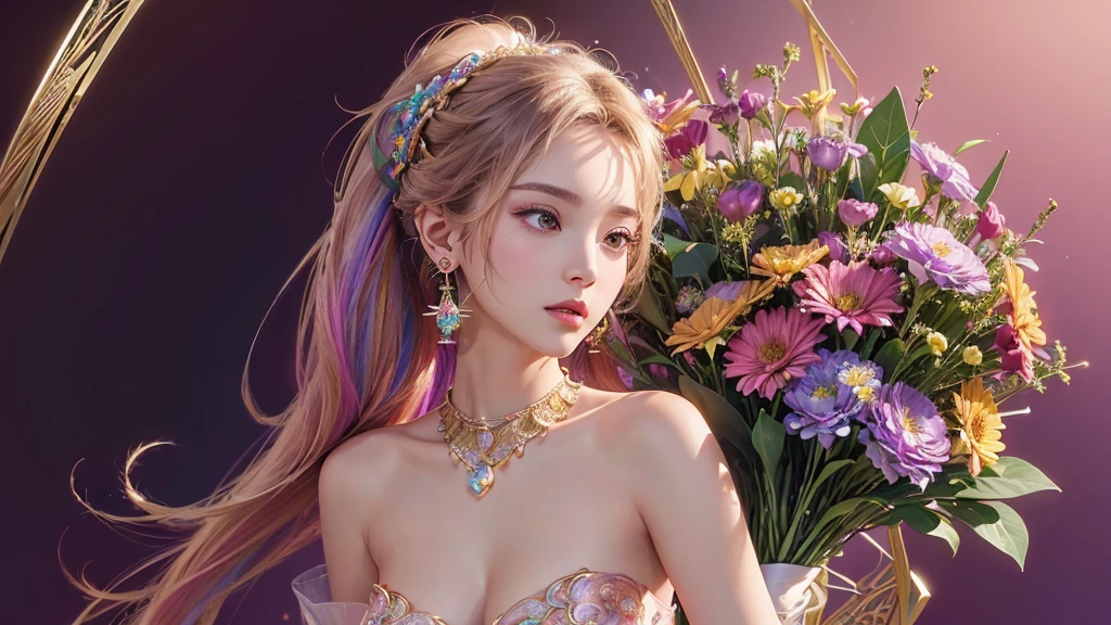 32K, 最高quality, 最高masterpiece, (ultra-Detailed Background, Detailed Background), High resolution, Super detailed, Very detailedな, One girl, (bouquet:1.3), (Tangled:1.2), (Geometric:1.2),(colorful),(masterpiece, quality, best quality, Official Art, Beautiful and beautiful:1.2), (1 girl:1.3), Very detailed,(colorful:1.1)(Flowers:1.3),Most detailed,(Tangled:1.2), whole body, (Abstract background:1.3), (Skin glows), (Many colors:1.4), ,(Earrings Jewelry:1.5), Pink Background,