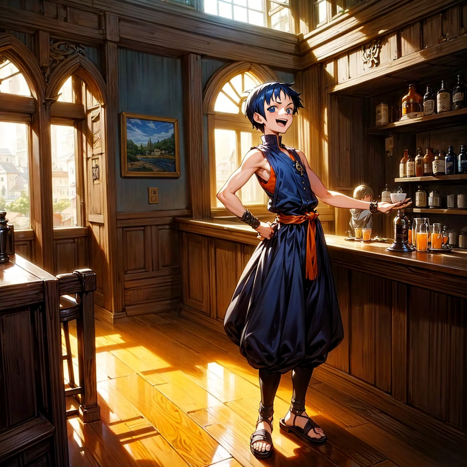 Solo character, kid boy, full body version, blue eyes, black half orange colour hair, short mohawk haircut, casual clothing, sleeveless, belt, sandals, indoor, bar, village, medieval, afternoon, standing gesture, detailed clothing, detailed hair, detailed background, (one piece style art), open mouth, happy,