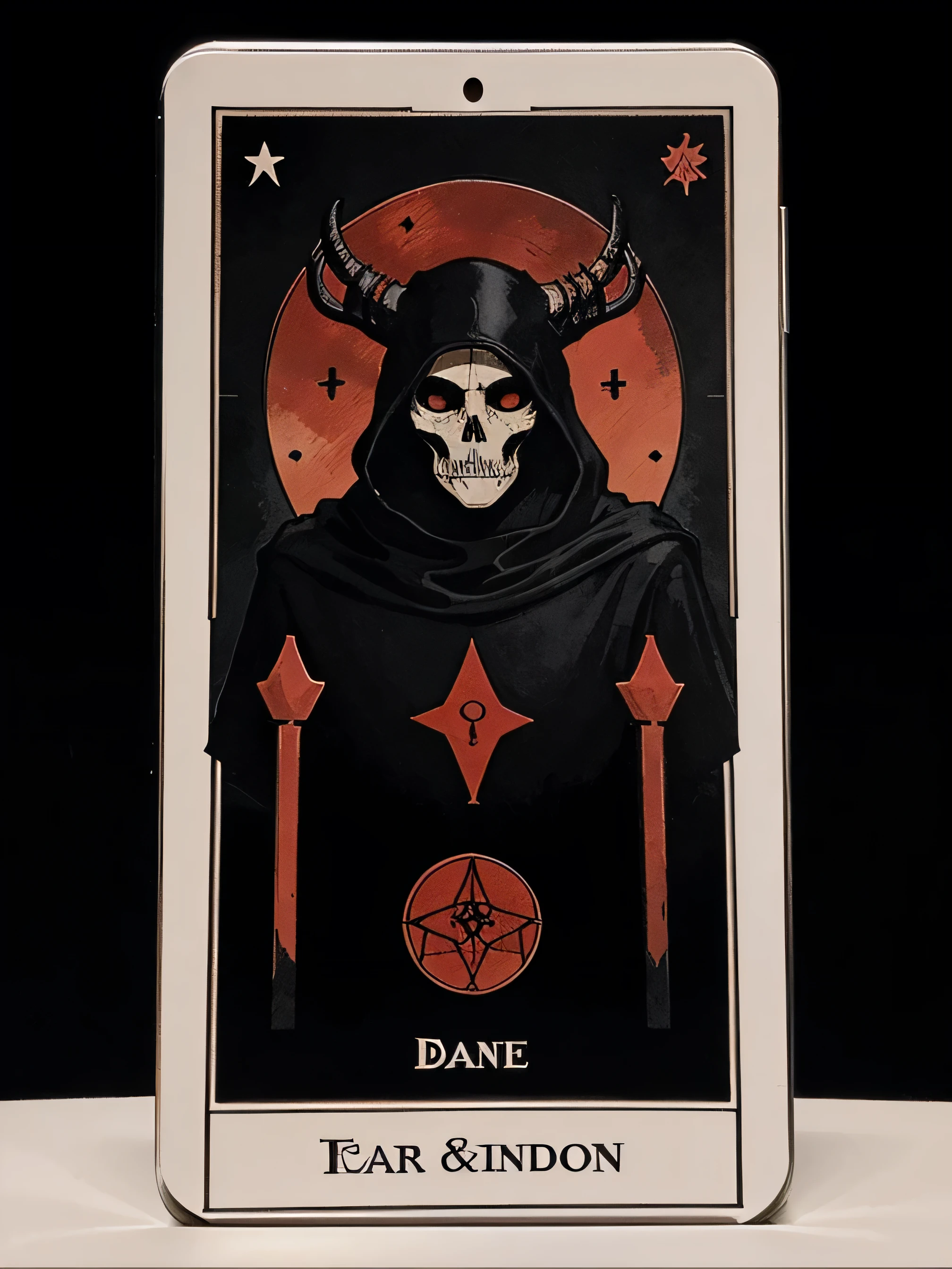 Tarot card design based on black and red colors on the sketch style with bones and black background with some space for a number, dark incubus card.