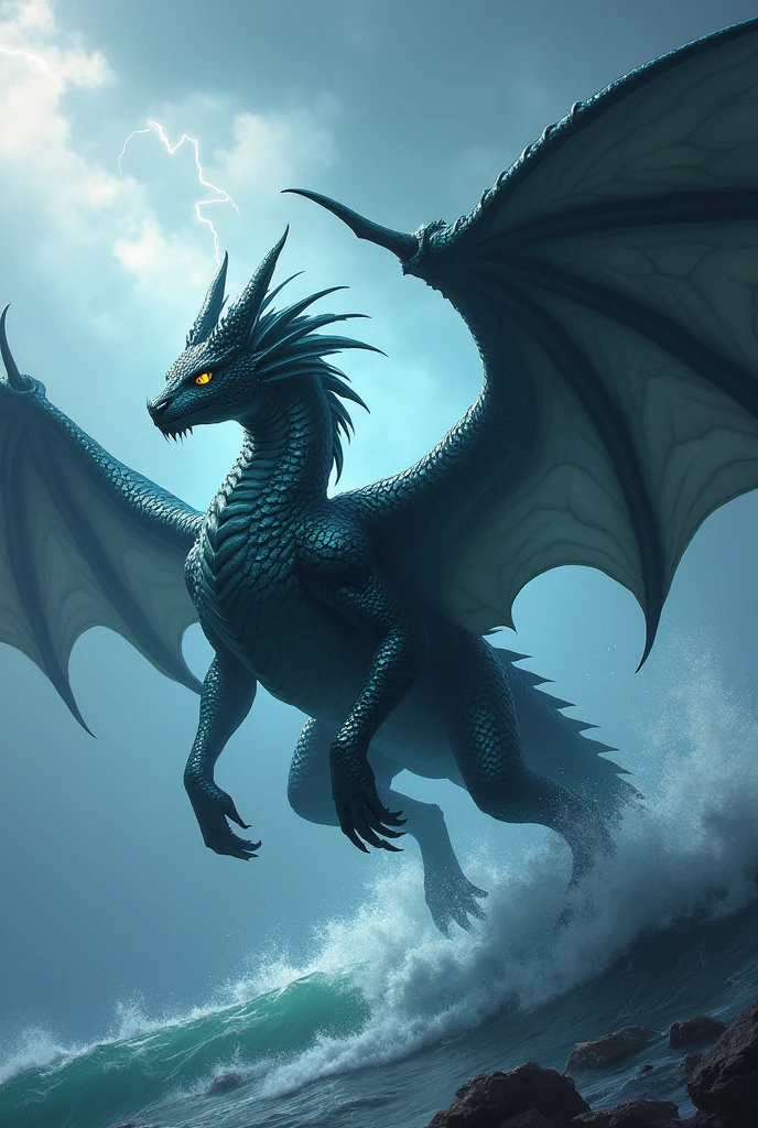 please create an image of this dragon Thalassarys, the Stormborn
- Appearance:Thalassarys has deep blue, almost black scales with hints of dark green along his wings and back, resembling the colors of the ocean at night. His eyes are bright yellow, feline-like. He is sleek and aerodynamic, built for long and swift flights.