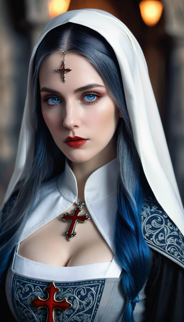 tmasterpiece，Best quality at best，A high resolution，8K，((Portrait))，(Head close-up)，Original photo，real photograph，digital photography，(A medieval fantasy woman)，(The nun in fantasy style)，25 years old woman，(Inky blue gradation of hair)，Long blue hair，red eyes，(Long hair with blue and gray gradient，blue)，()，An extravagant ornament，cparted lips，Keep your mouth shuegant and charming，((Frown))，Serious and arrogant，Calm and handsome，(Medieval nun costume，Cross，A complex pattern of clothing)，Photo pose，medieval characteredieval fantasy style，City background at night，oc render reflection texture