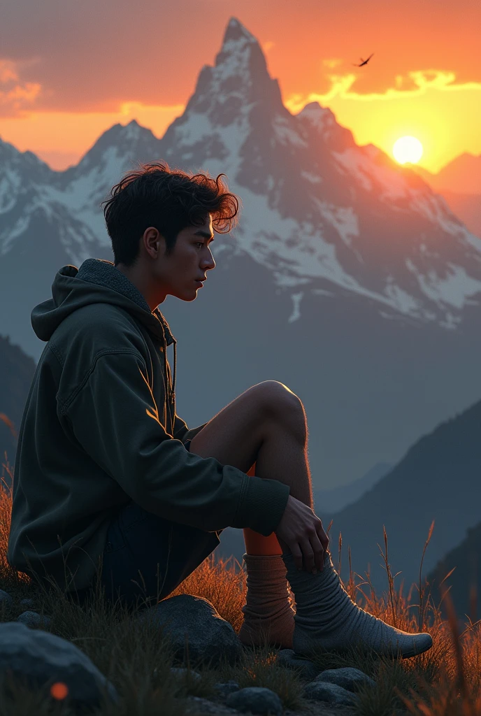 Young man with fractured foot looking towards a mountain sunset, very sad and alone