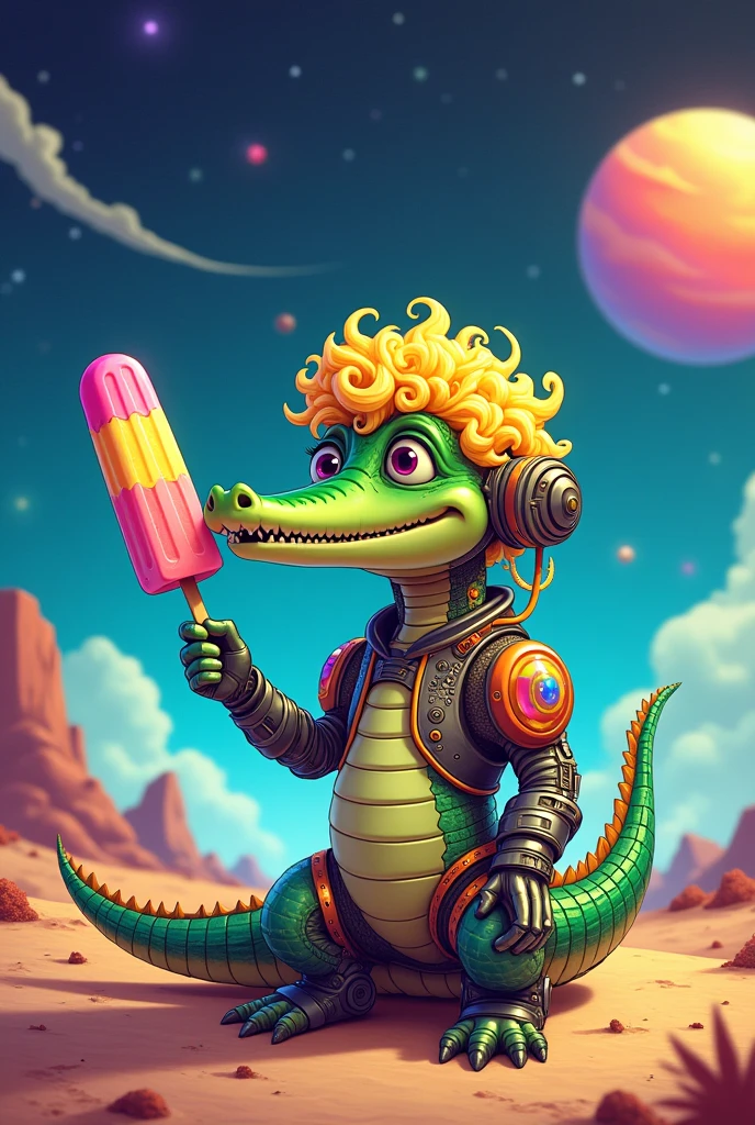 Draw a cartoon of a crocodile with curly, blond hair, eating a popsicle dressed as a cyborg in an intergalactic world