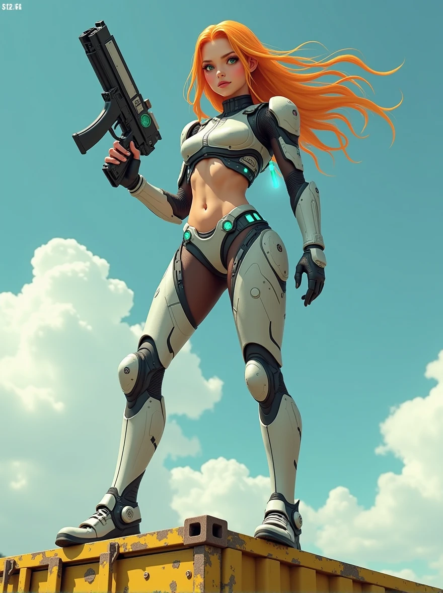 A young woman, around 18 years old, with long hair that starts as a bright celeste at the roots and gradually transitions into a vibrant orange towards the tips. She has a confident yet innocent expression, in a cyberpunk style. The scene is viewed from a very low angle, with the camera positioned on the ground, below the height of the yellow steel container she is standing on, emphasizing her imposing presence. The worn yellow steel container shows signs of age and use, with chipped paint revealing the raw metal underneath. The woman is standing in a pose that forms the shape of an 'A' with her legs apart and her body slightly leaning forward, emphasizing her stance and power. She is wearing a sexy two-piece armor detailed with cyberpunk elements: there are miniature compasses, digital indicators, and small tubes integrated into the armor, all glowing with a futuristic light. The armor is sleek but visually complex, saturated with high-tech details that give it a very advanced and cybernetic look. The environment is a futuristic setting, and part of the sky is visible in the shot, adding depth and a sense of openness to the scene. In her right hand, she holds a cyberpunk-style weapon, a sleek and futuristic firearm with glowing accents. She is smiling innocently as she looks ahead, with subtle glowing data streams surrounding her, indicating her extraordinary abilities in this high-tech world.",
"size": "1024x1024