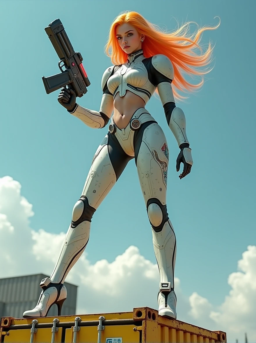 A young woman, around 18 years old, with long hair that starts as a bright celeste at the roots and gradually transitions into a vibrant orange towards the tips. She has a confident yet innocent expression, in a cyberpunk style. The scene is viewed from a very low angle, with the camera positioned on the ground, below the height of the yellow steel container she is standing on, emphasizing her imposing presence. The worn yellow steel container shows signs of age and use, with chipped paint revealing the raw metal underneath. The woman is standing in a pose that forms the shape of an 'A' with her legs apart and her body slightly leaning forward, emphasizing her stance and power. She is wearing a sexy two-piece armor detailed with cyberpunk elements: there are miniature compasses, digital indicators, and small tubes integrated into the armor, all glowing with a futuristic light. The armor is sleek but visually complex, saturated with high-tech details that give it a very advanced and cybernetic look. The environment is a futuristic setting, and part of the sky is visible in the shot, adding depth and a sense of openness to the scene. In her right hand, she holds a cyberpunk-style weapon, a sleek and futuristic firearm with glowing accents. She is smiling innocently as she looks ahead, with subtle glowing data streams surrounding her, indicating her extraordinary abilities in this high-tech world.",
"size": "1024x1024
