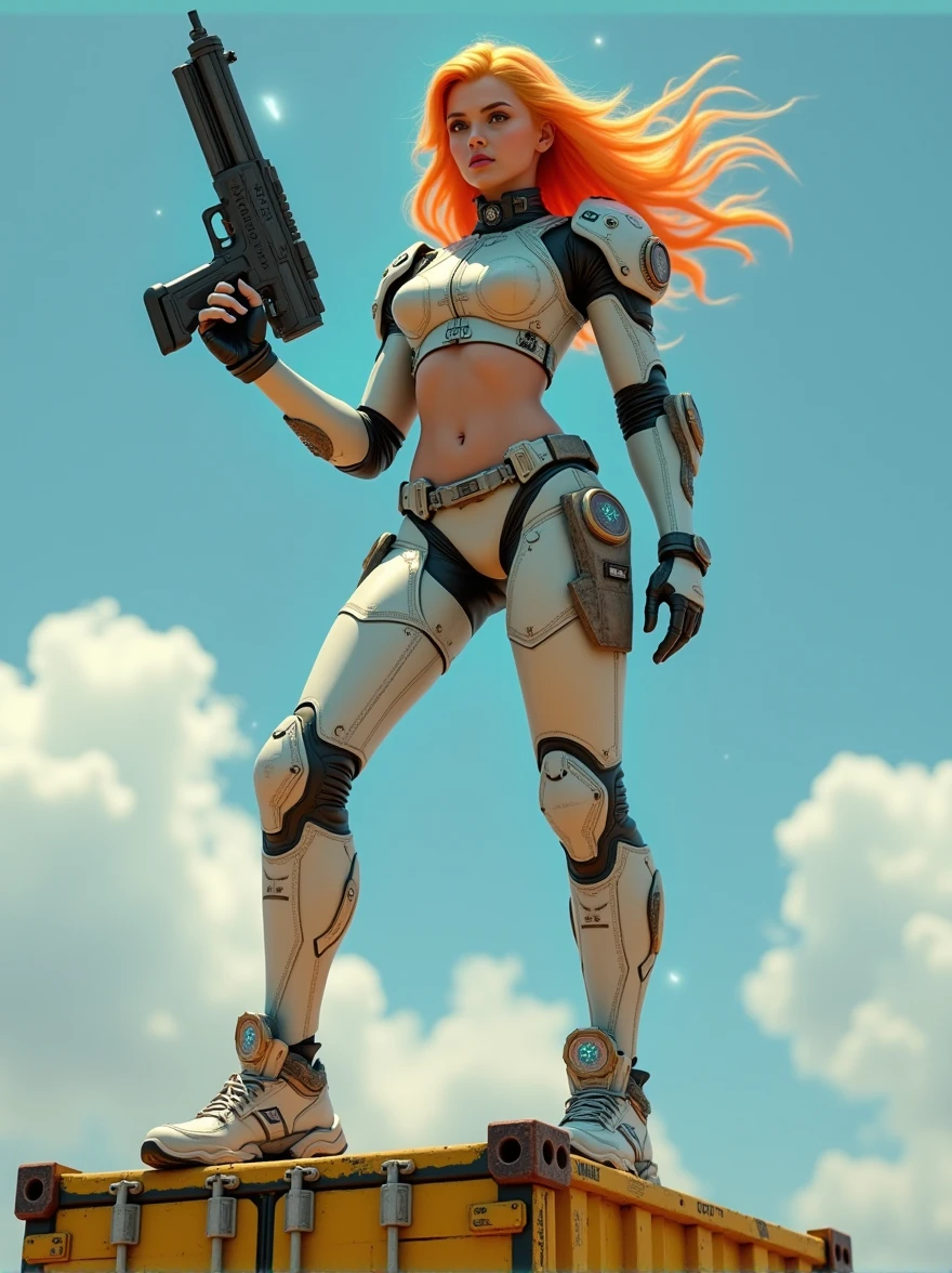 A young woman, around 18 years old, with long hair that starts as a bright celeste at the roots and gradually transitions into a vibrant orange towards the tips. She has a confident yet innocent expression, in a cyberpunk style. The scene is viewed from a very low angle, with the camera positioned on the ground, below the height of the yellow steel container she is standing on, emphasizing her imposing presence. The worn yellow steel container shows signs of age and use, with chipped paint revealing the raw metal underneath. The woman is standing in a pose that forms the shape of an 'A' with her legs apart and her body slightly leaning forward, emphasizing her stance and power. She is wearing a sexy two-piece armor detailed with cyberpunk elements: there are miniature compasses, digital indicators, and small tubes integrated into the armor, all glowing with a futuristic light. The armor is sleek but visually complex, saturated with high-tech details that give it a very advanced and cybernetic look. The environment is a futuristic setting, and part of the sky is visible in the shot, adding depth and a sense of openness to the scene. In her right hand, she holds a cyberpunk-style weapon, a sleek and futuristic firearm with glowing accents. She is smiling innocently as she looks ahead, with subtle glowing data streams surrounding her, indicating her extraordinary abilities in this high-tech world.",
  "size": "1024x1024
