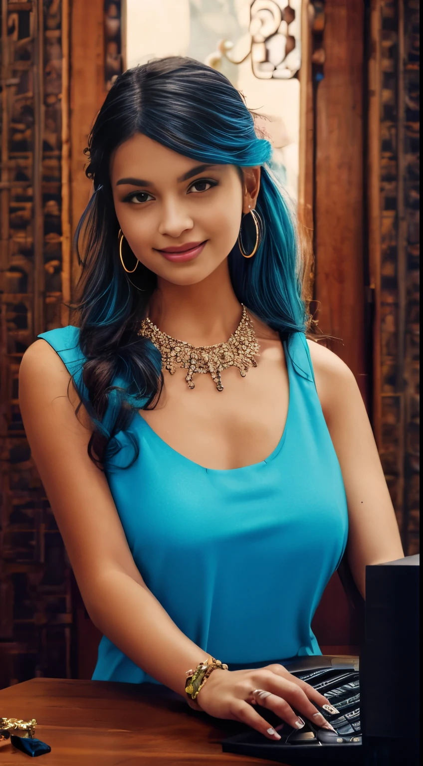 ​masterpiece, best quality, Ultra-detail, Illustration,(1 girl),Lovely, detailled eyes, Viewers look at, (hold a computer keyboard), Happy, (turquoise hair:1), (blue round eyes:1), (round earring), (turquoise necklace with large gemstone), sweet round face, Long hair, smile, fantasy chinese clothing