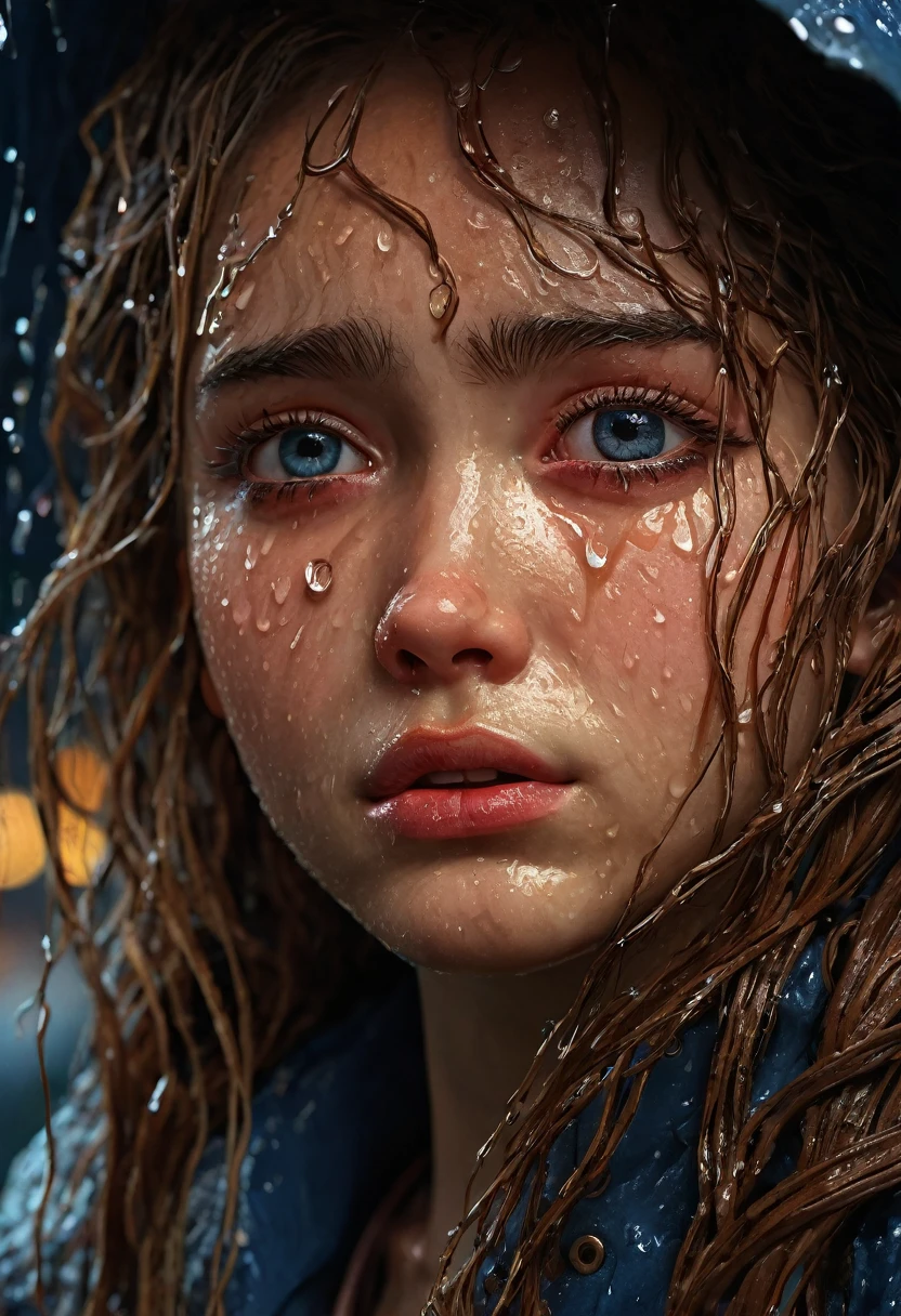 photorealistic, of the highest quality, Higher resolution, Super detailed, 16k, movie lighting, (rainy afternoon:1.4),(evening:1.4), (crying:1.4),(tears:1.4), Grandes tears, wet in the rain, wet hair, Light from the street lamp, detailed eyes, sad expression, tears run down my cheeks, Viewing angle like a classic movie., Works by famous directors., (1 girl in :1.4),Best Quality, mesa, (realist:1.2), young woman, Agitate, detailed face, detailed eyes, detailed hairs, detailed skin,look at the viewer, dramatic, Vibrant, (Best Quality Detail:1.2),8K High Definition,Ojos humedecidos con tears