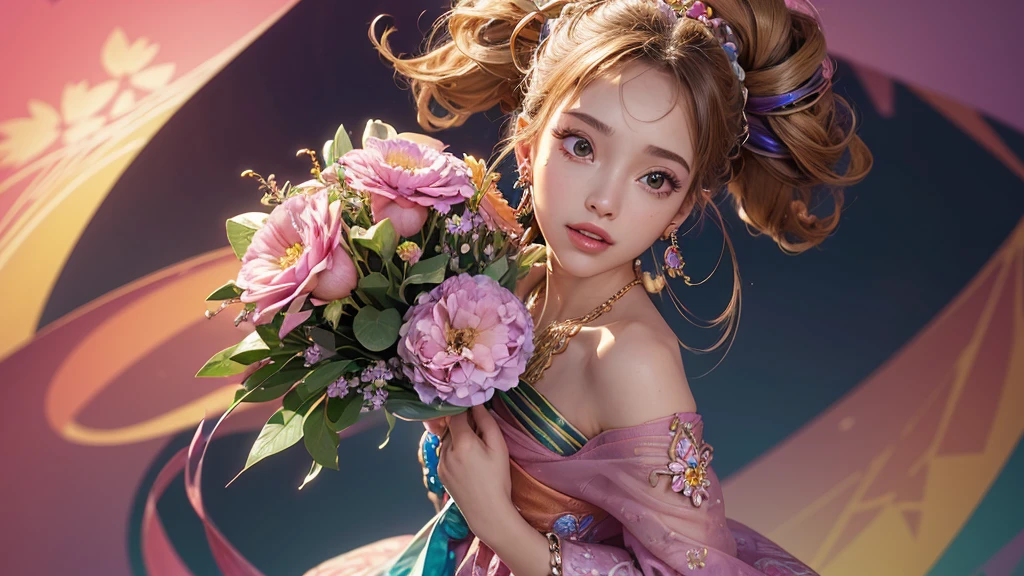 32K, 最高quality, 最高masterpiece, (ultra-Detailed Background, Detailed Background), High resolution, Super detailed, Very detailedな, One girl, (bouquet:1.3), (Tangled:1.2), (Geometric:1.2),(colorful),(masterpiece, quality, best quality, Official Art, Beautiful and beautiful:1.2), (1 girl:1.3), Very detailed,(colorful:1.1)(Flowers:1.3),Most detailed,(Tangled:1.2), whole body, (Abstract background:1.3), (Skin glows), (Many colors:1.4), ,(Earrings Jewelry:1.5), Pink Background,