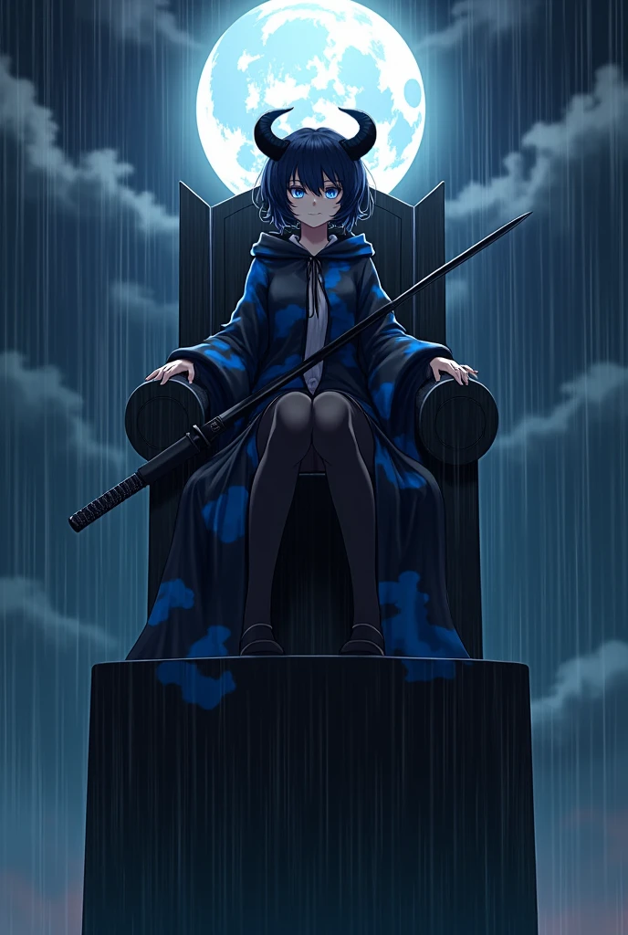 create an image of an anime girl sitting on thronethrone in top of a building, with a sadic smile expression on her face, short curled hair hiding her ears, a pair of small black horns, blue eyes and an long dark coat with big blue clouds printed on it and a pair of black stockings completely covering your legs, under the heavy rain and a full moon. she has a black long thick sword at his side