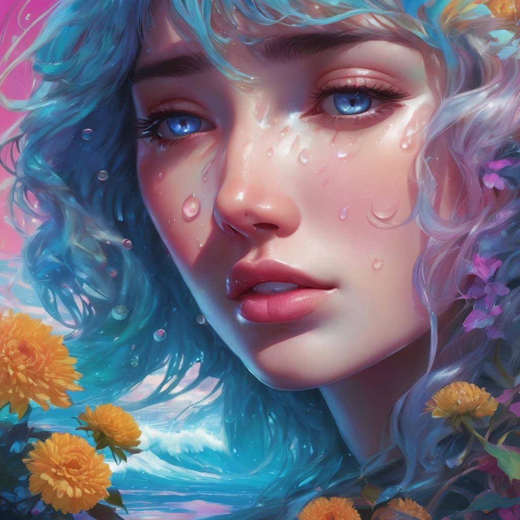 crying, Aesthetic, extremely detailed, crying eyes, Sweet, vaporwave Aesthetic, synthesized wave, Digital paint, art station, Conceptual art, seeds, sharp focus, illustration, Art by Artgerm and Greg Rutkowski and Alphonse Mucha