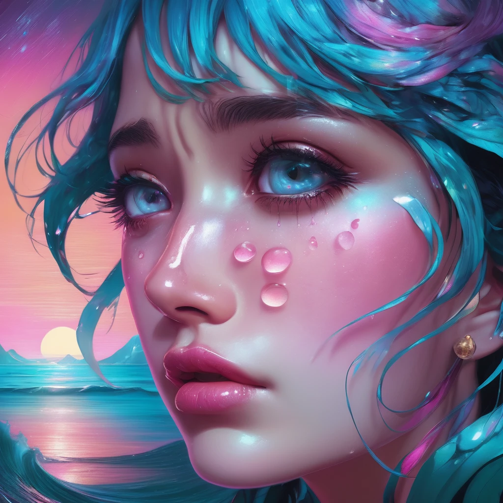 crying, Aesthetic, extremely detailed, crying eyes, Sweet, vaporwave Aesthetic, synthesized wave, Digital paint, art station, Conceptual art, seeds, sharp focus, illustration, Art by Artgerm and Greg Rutkowski and Alphonse Mucha