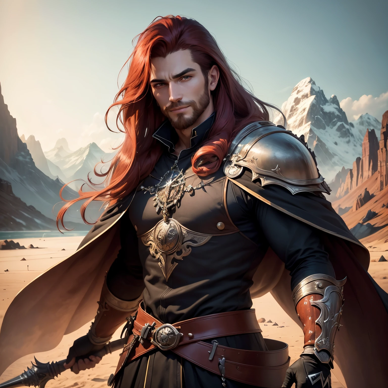 ((best qualityer)), ((work of art)), (detailded), 8k, 4K, hight contrast, work of art, Meticulous attention to facial features and hair strands , an adventurous man with long straight red hair,barba ,black mantle,layer , fully body ,Grinning,battle costume ,slightly-smile,in the background mountain valley ,clear lighting, detailed shadows