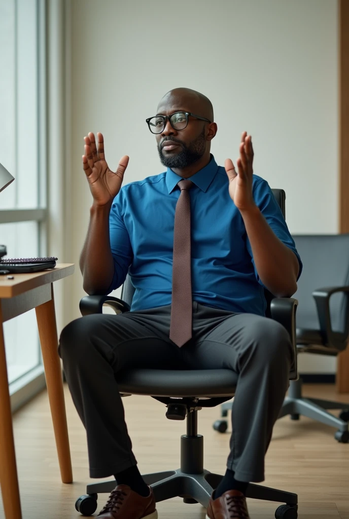 A black man with a doubtful face, baldie, blue polo shirt, dark brown tie and pants with elegant sneakers, sitting in a desk chair with both hands raised asking a question