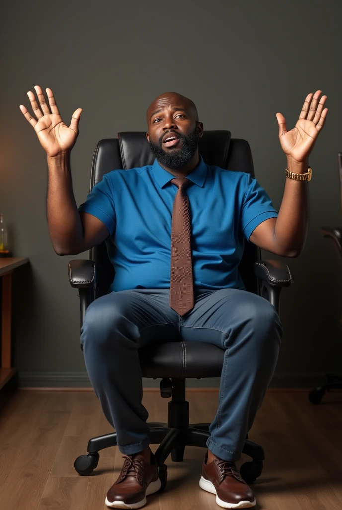 A black man with a doubtful face, baldie, blue polo shirt, dark brown tie and pants with elegant sneakers, sitting in a desk chair with both hands raised asking a question