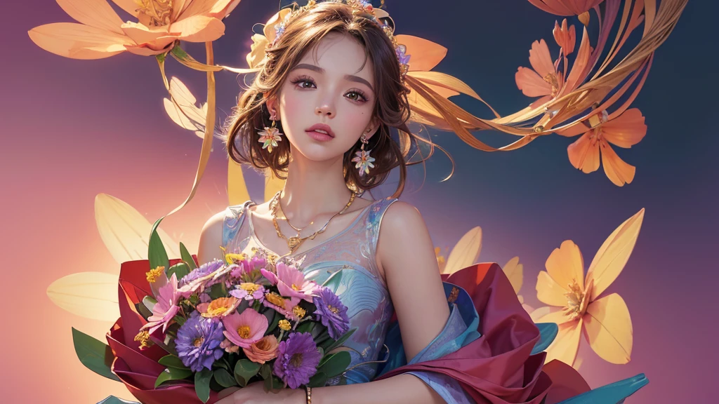 32K, 最高quality, 最高masterpiece, (ultra-Detailed Background, Detailed Background), High resolution, Super detailed, Very detailedな, One girl, (bouquet:1.3), (Tangled:1.2), (Geometric:1.2),(colorful),(masterpiece, quality, best quality, Official Art, Beautiful and beautiful:1.2), (1 girl:1.3), Very detailed,(colorful:1.1)(Flowers:1.3),Most detailed,(Tangled:1.2), whole body, (Abstract background:1.3), (Skin glows), (Many colors:1.4), ,(Earrings Jewelry:1.5), Pink Background,