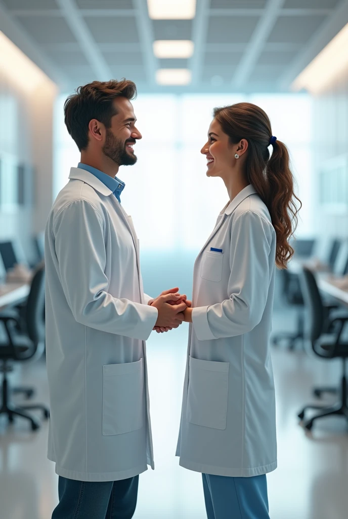 A brother and sister greeting each other in a medical clinic, both wearing doctor's coats