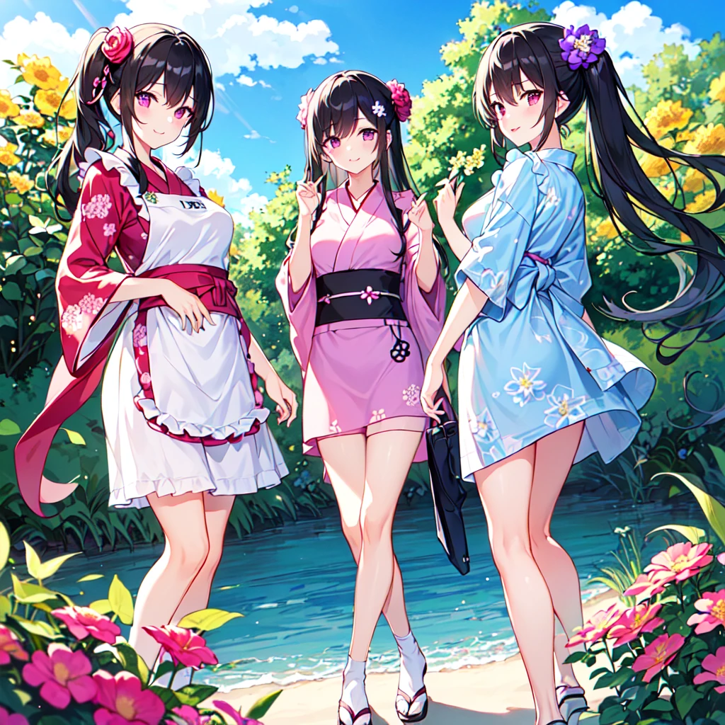 masterpiece, best quality, high quality, extremely detailed, very delicate and beautiful, (3female 18 years old three:1.5), (long black hair up to waist with two side up:1.5), bangs to eyebrows, eyes (eyes: 1.3), (eyes: magenta: 1.3), 6.5 head height, (apron in yukata summer flower print fashion: 1.3), knee socks, lace, frills, (smiling), (welcome pose: 1.3), (standing), (dynamic pose), (summer flower garden:1.3), (blue sky:1.3) ,(group shot)