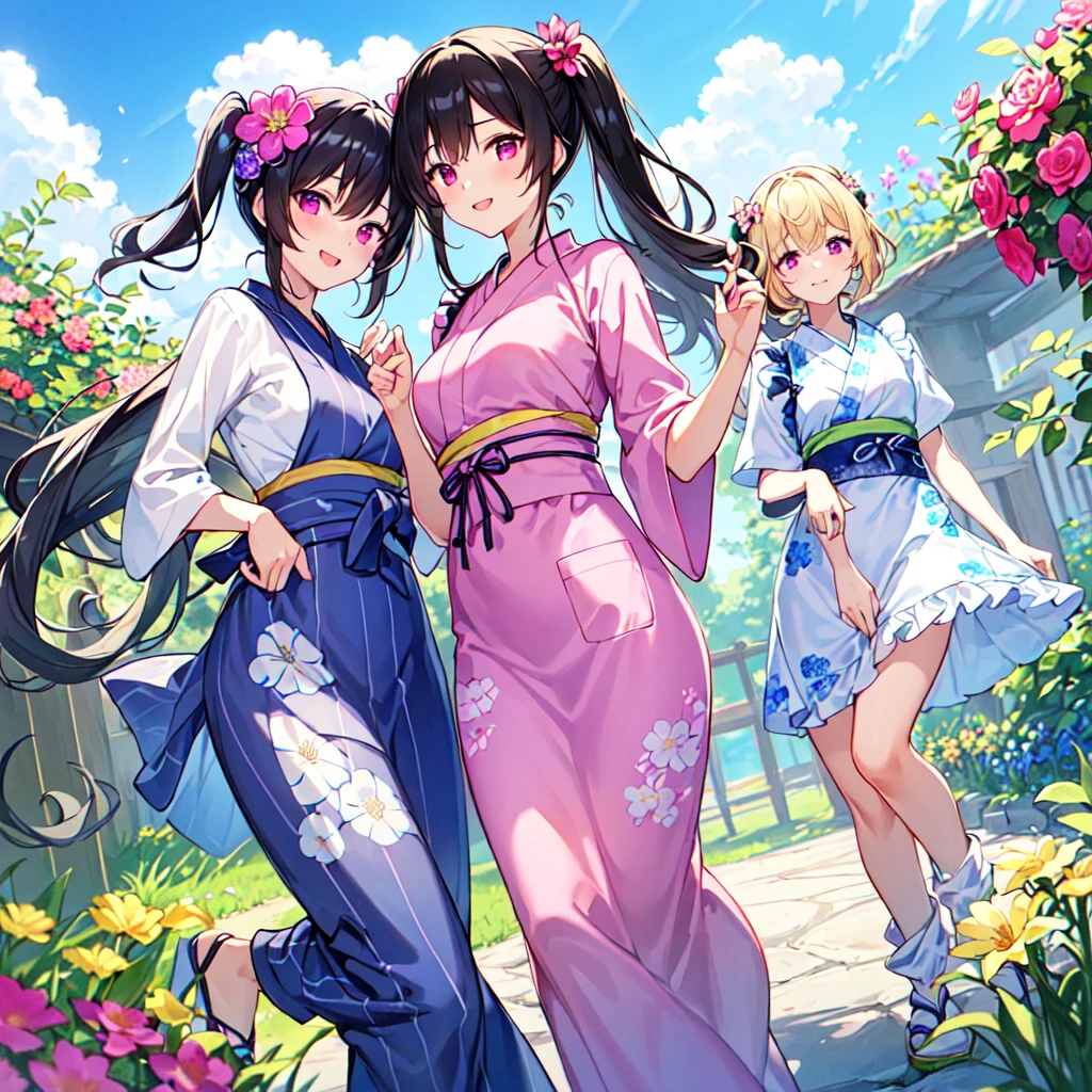 masterpiece, best quality, high quality, extremely detailed, very delicate and beautiful, (3female 18 years old three:1.5), (long black hair up to waist with two side up:1.5), bangs to eyebrows, eyes (eyes: 1.3), (eyes: magenta: 1.3), 6.5 head height, (apron in yukata summer flower print fashion: 1.3), knee socks, lace, frills, (smiling), (welcome pose: 1.3), (standing), (dynamic pose), (summer flower garden:1.3), (blue sky:1.3) ,(group shot)