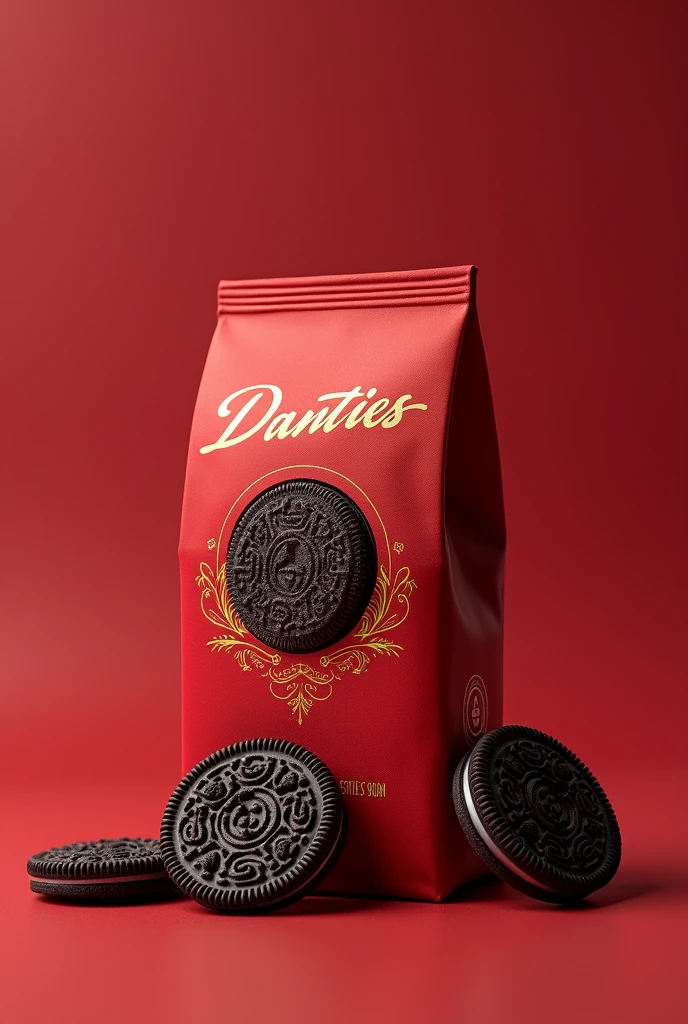 A red biscuits package like Oreos with gold writing Danties 