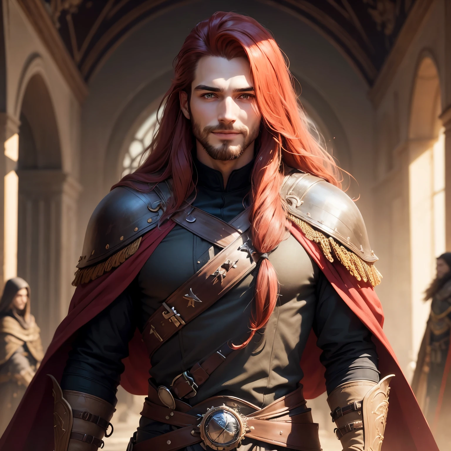 ((best qualityer)), ((work of art)), (detailded), 8k, 4K, hight contrast, work of art,  Meticulous attention to facial features and hair strands , an adventurous man with long straight red hair,barba ,black mantle,layer , fully body ,Grinning,battle costume ,slightly-smile,in the background mountain valley  ,clear lighting, detailed shadows 