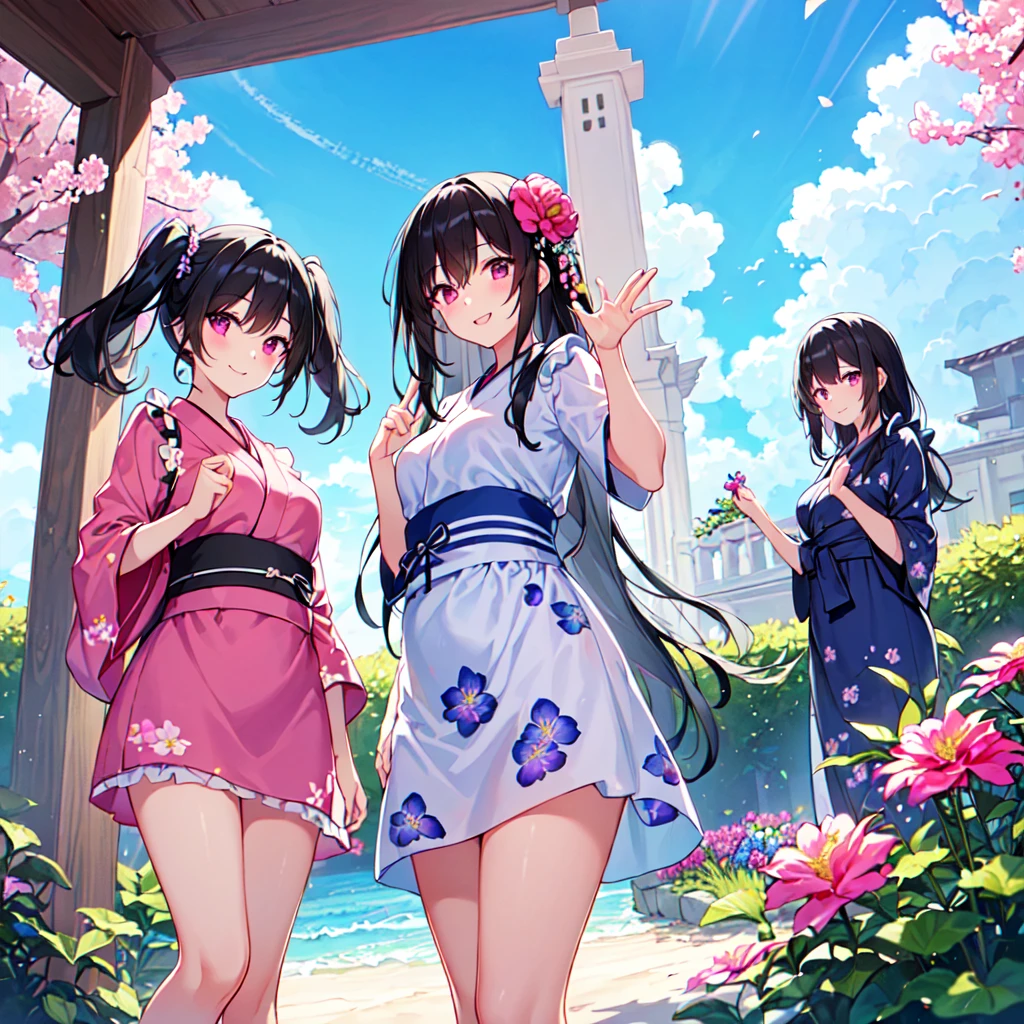 masterpiece, best quality, high quality, extremely detailed, very delicate and beautiful, (3female 18 years old three:1.5), (long black hair up to waist with two side up:1.5), bangs to eyebrows, eyes (eyes: 1.3), (eyes: magenta: 1.3), 6.5 head height, (apron in yukata summer flower print fashion: 1.3), knee socks, lace, frills, (smiling), (welcome pose: 1.3), (standing), (dynamic pose), (summer flower garden:1.3), (blue sky:1.3) ,(group shot)