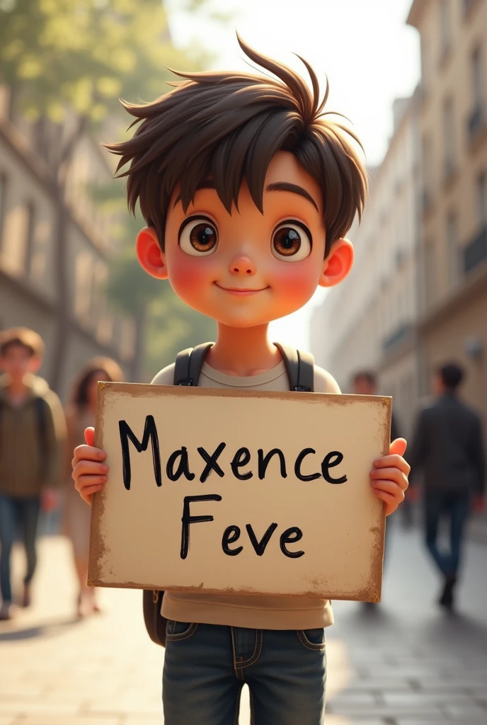 A french boy holding a sign writted" maxence feve"