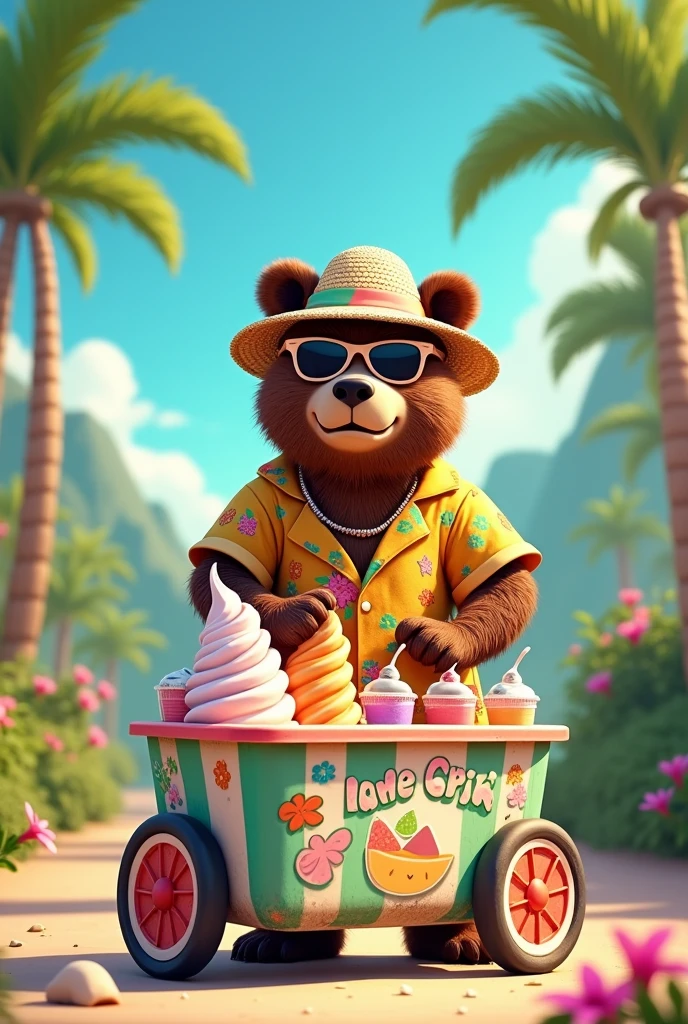 Bear with a snow cone cart and a tropical outfit.