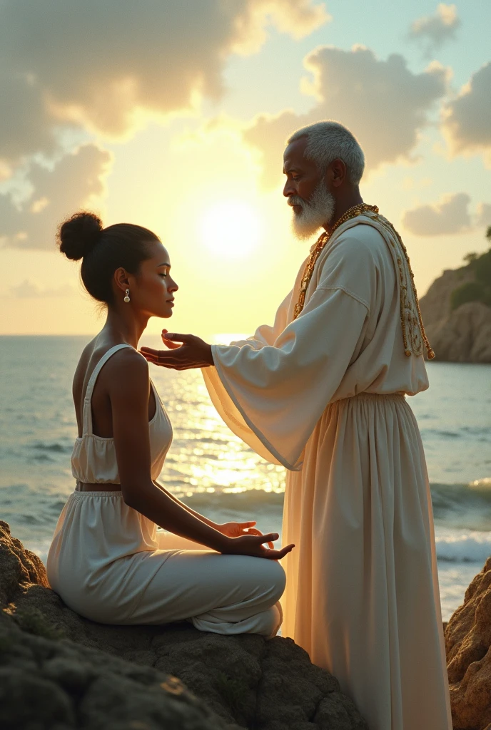 the night, a brown woman, with a bun in your hair, of coasts sitting meditating, with an ELDERLY black entity from Umbanda at his side, wear white clothes, with his hand on her shoulder guiding her, with a divine light