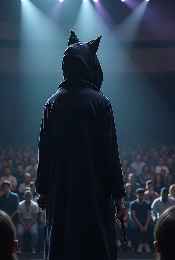 Drawing a person with a hood with a cat ear Man Speaking into a microphone In an audience on a stage Sick of Japanese animation Singing musical themes